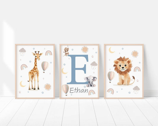 Personalised Safari Animal Prints | Set of 3 Boho Nursery Wall Art for Baby’s Room - RoseRowanDesign -