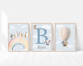 Load image into Gallery viewer, Personalised Safari Name Prints | Hot Air Balloon & Rainbow | Set of 3 Baby Boy Decor - RoseRowanDesign - Wall Art
