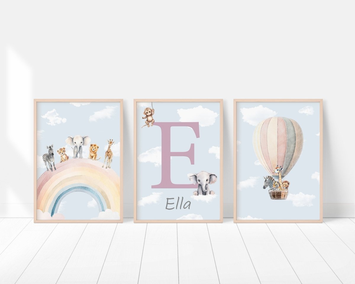 Personalised Safari Name Prints | Hot Air Balloon & Rainbow | Set of 3 Baby Boy Decor - RoseRowanDesign - Wall Art