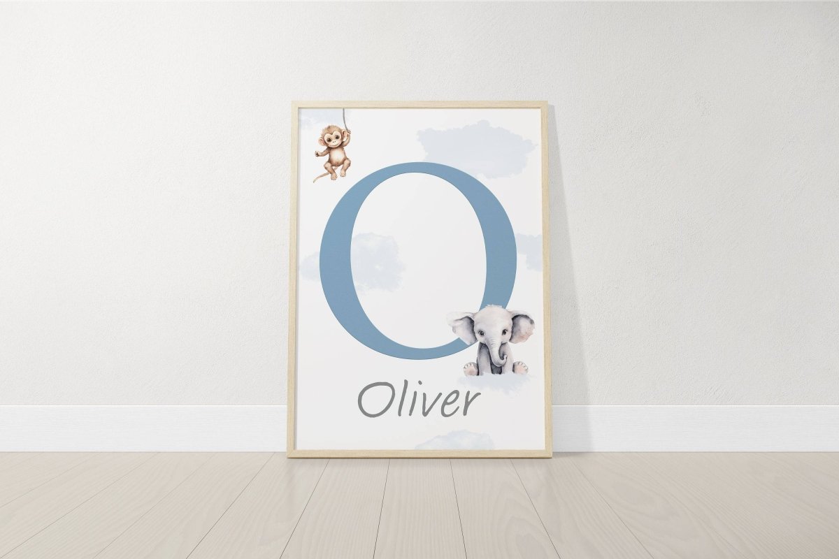 Personalised Safari Name Prints | Hot Air Balloon & Rainbow | Set of 3 Baby Boy Decor - RoseRowanDesign - Wall Art