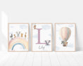 Load image into Gallery viewer, Personalised Safari Name Prints | Hot Air Balloon & Rainbow | Set of 3 Baby Boy Decor - RoseRowanDesign - Wall Art