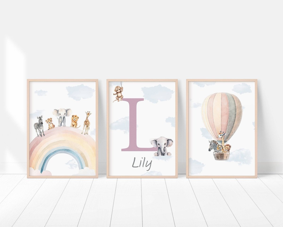 Personalised Safari Name Prints | Hot Air Balloon & Rainbow | Set of 3 Baby Boy Decor - RoseRowanDesign - Wall Art