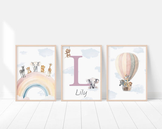 Personalised Safari Name Prints | Hot Air Balloon & Rainbow | Set of 3 Baby Boy Decor - RoseRowanDesign - Wall Art