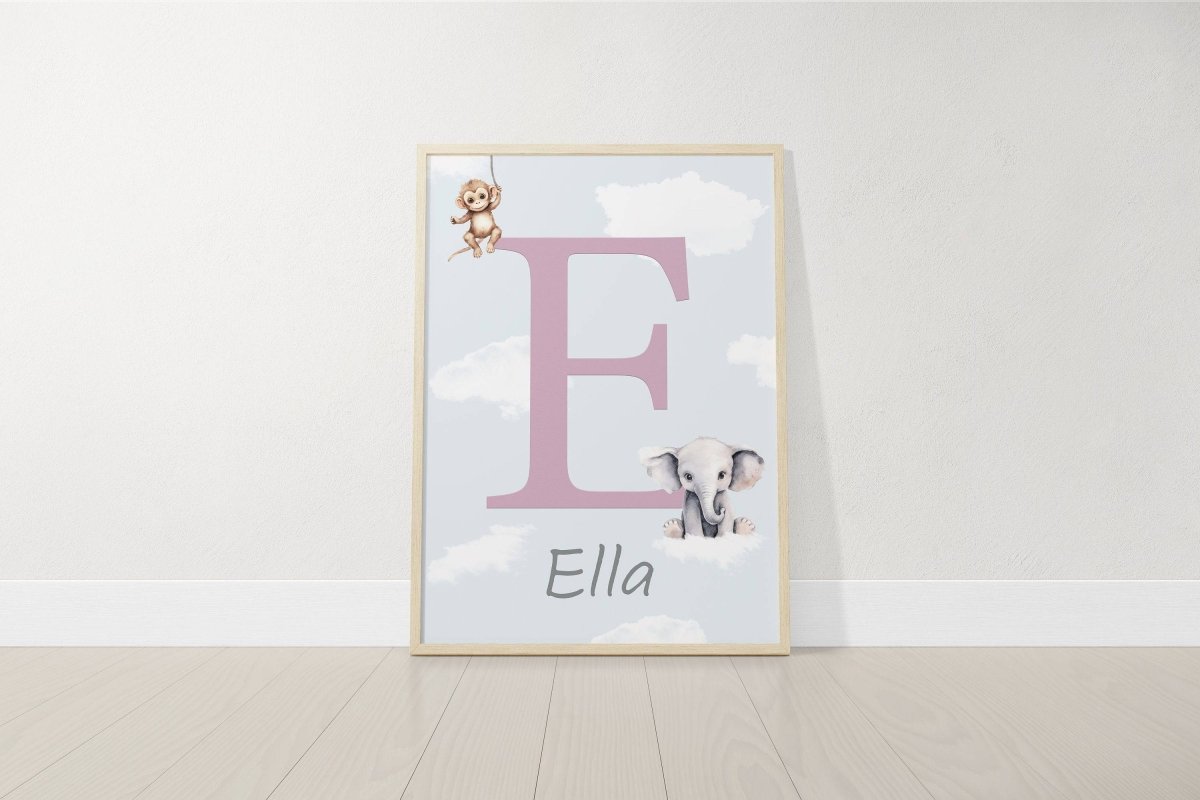 Personalised Safari Name Prints | Hot Air Balloon & Rainbow | Set of 3 Baby Boy Decor - RoseRowanDesign - Wall Art