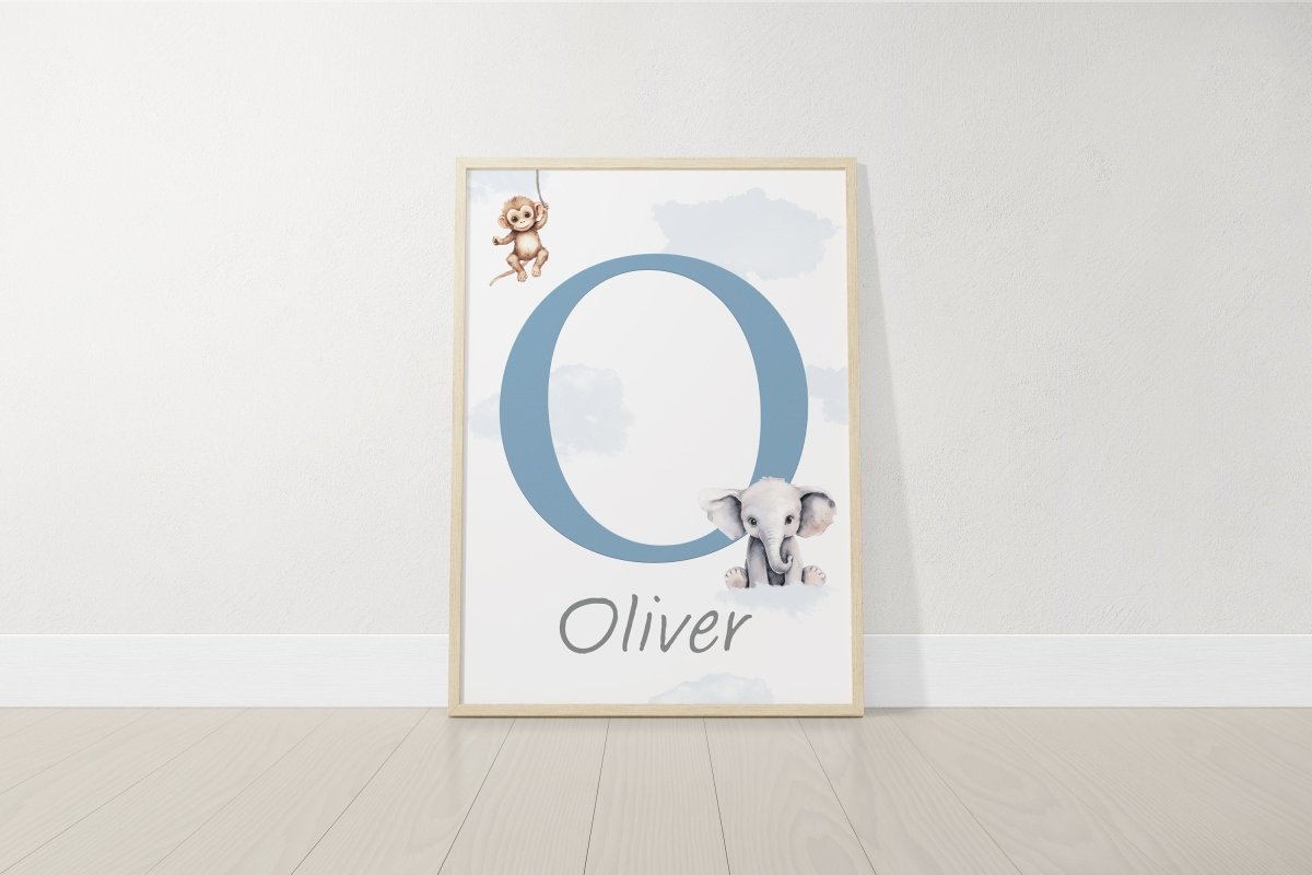 Personalised Safari Name Prints | Hot Air Balloon & Rainbow | Set of 3 Baby Boy Decor - RoseRowanDesign - Wall Art