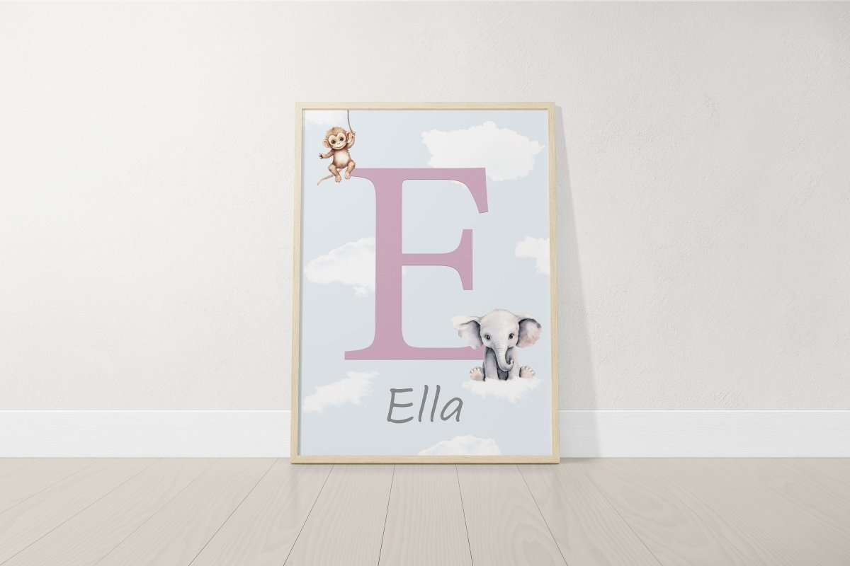 Personalised Safari Name Prints | Hot Air Balloon & Rainbow | Set of 3 Baby Boy Decor - RoseRowanDesign - Wall Art