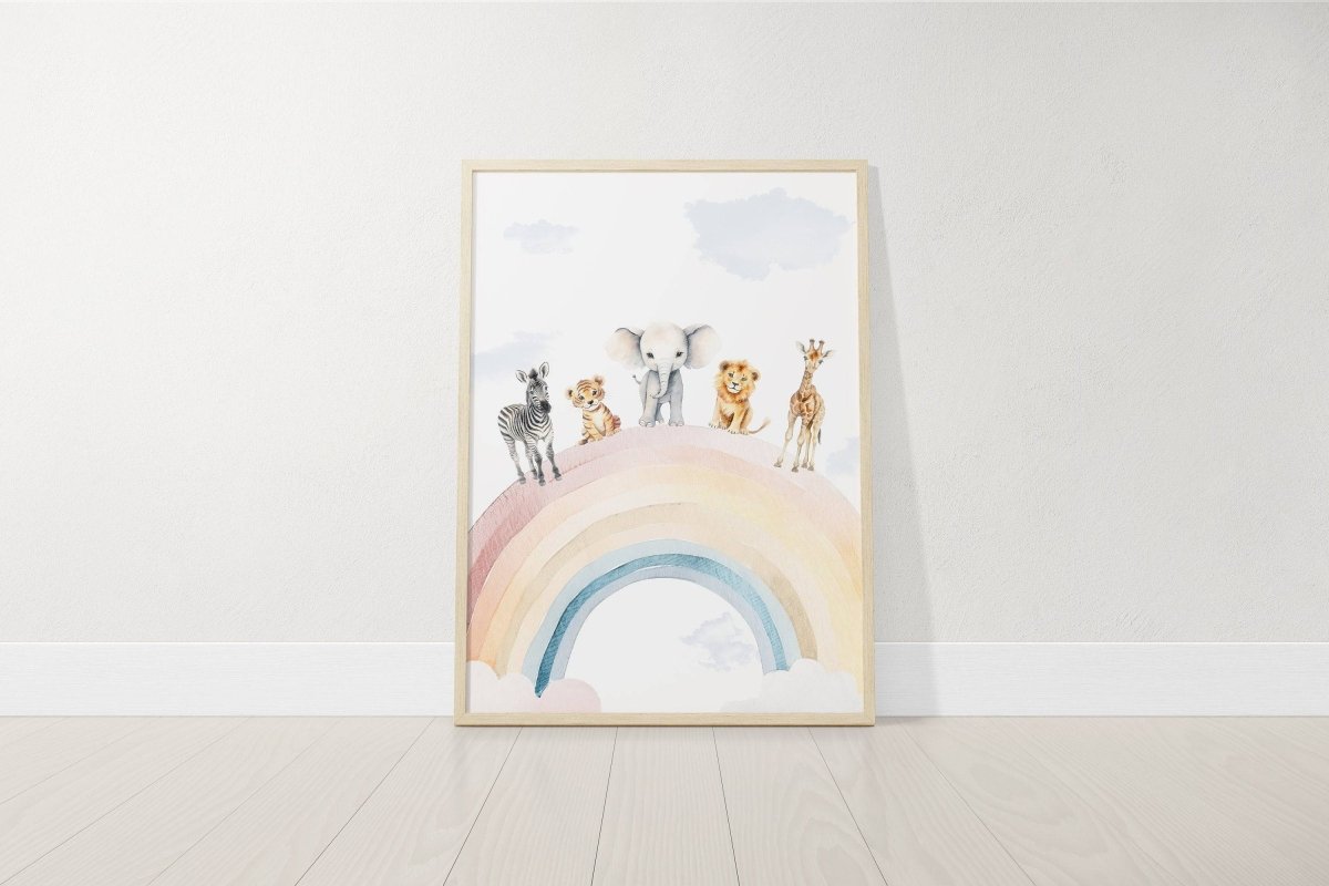 Personalised Safari Name Prints | Hot Air Balloon & Rainbow | Set of 3 Baby Boy Decor - RoseRowanDesign - Wall Art