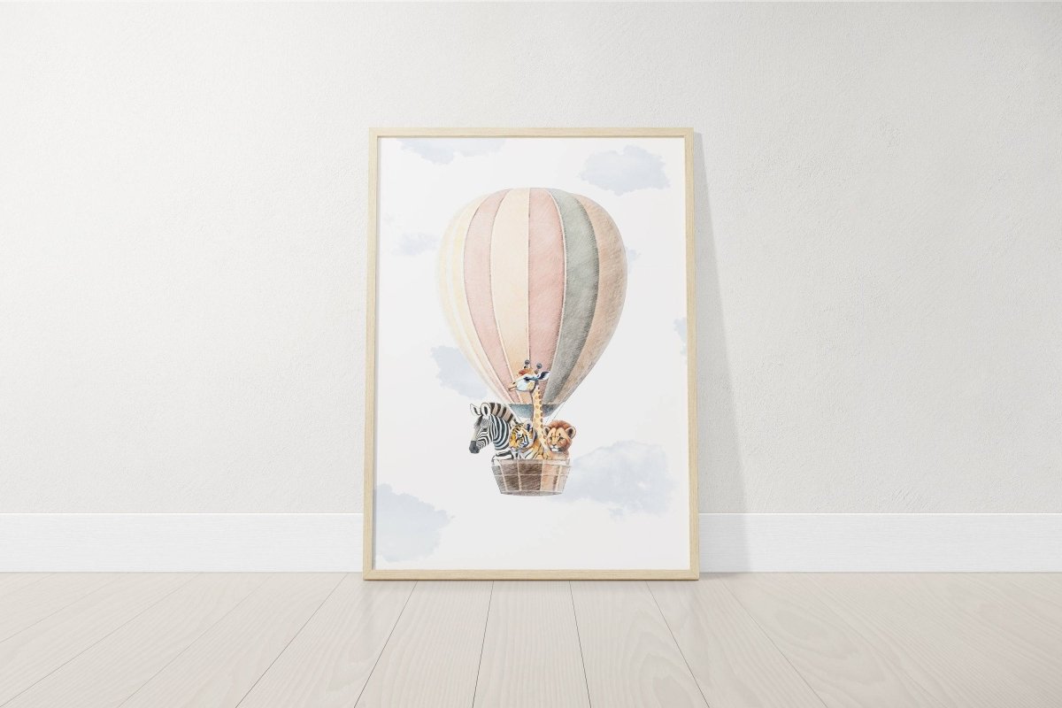 Personalised Safari Name Prints | Hot Air Balloon & Rainbow | Set of 3 Baby Boy Decor - RoseRowanDesign - Wall Art