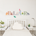 Load image into Gallery viewer, Full display of personalised name fabric wall stickers featuring animal-pattern letters and safari animals