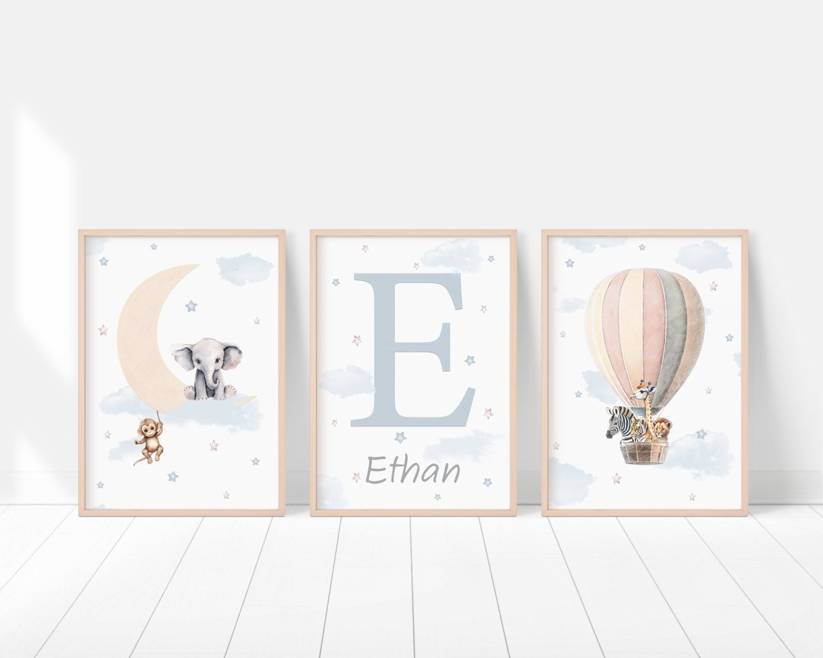 Personalised Safari Nursery Print | Hot Air Balloon and Stars Wall Art for Girls' Bedroom - RoseRowanDesign - Wall Art