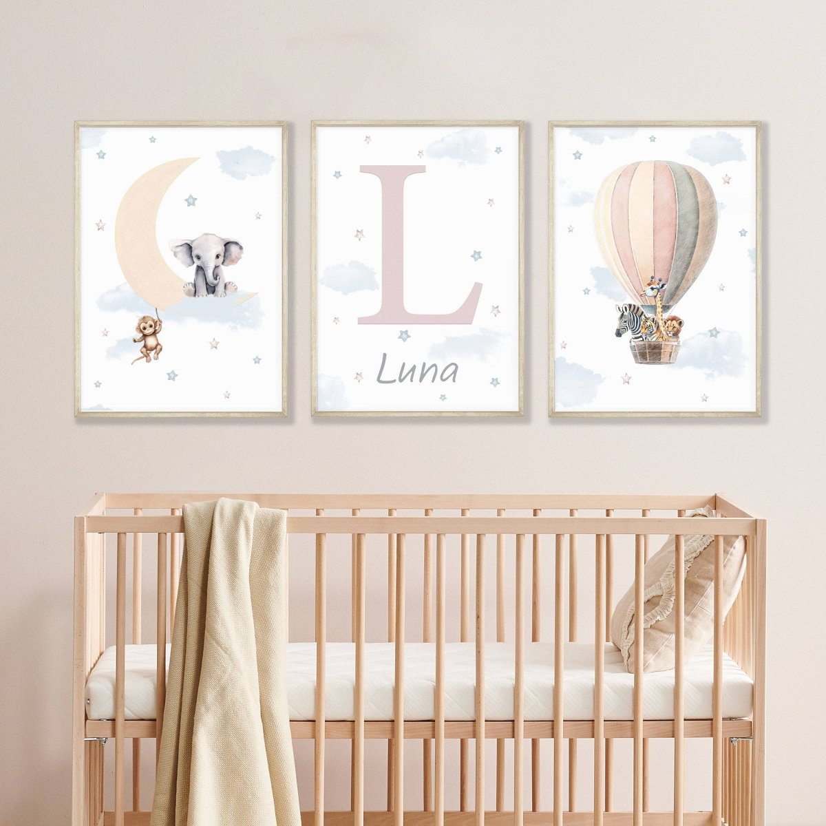Personalised Safari Nursery Print | Hot Air Balloon and Stars Wall Art for Girls' Bedroom - RoseRowanDesign - Wall Art