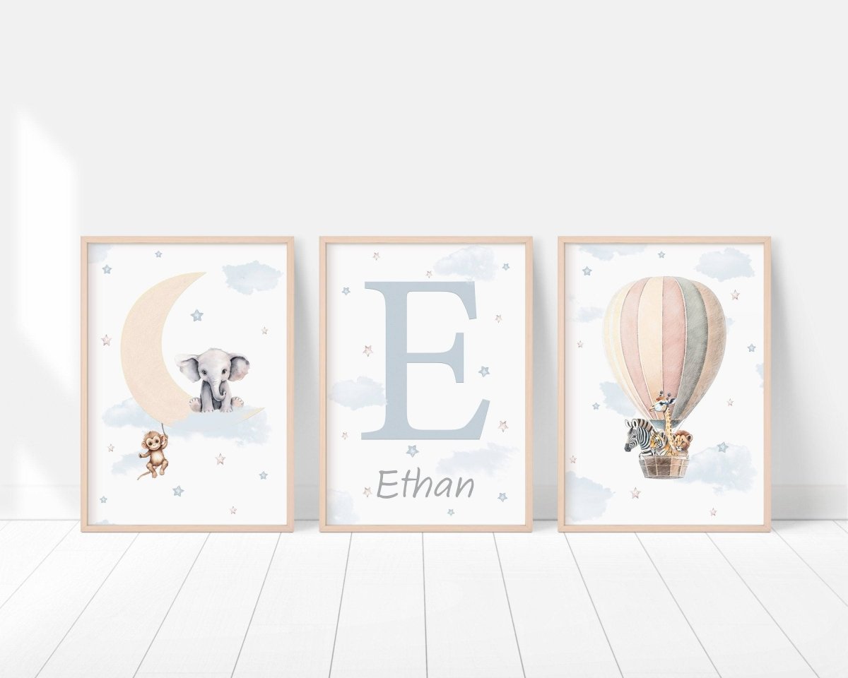 Personalised Safari Nursery Prints | Hot Air Balloon & Moon | Baby Boy Decor - RoseRowanDesign - Wall Art