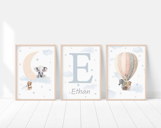 Personalised Safari Nursery Prints | Hot Air Balloon & Moon | Baby Boy Decor - RoseRowanDesign - Wall Art