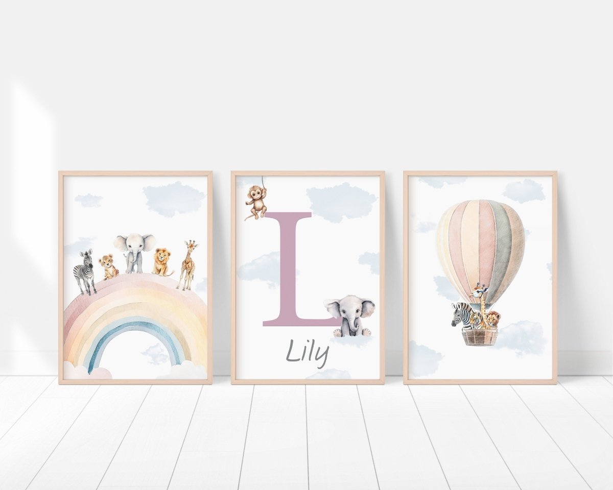 Personalised Safari Nursery Prints | Set of 3 | Rainbow & Hot Air Balloon Art for Girls' Bedroom - RoseRowanDesign - Wall Art