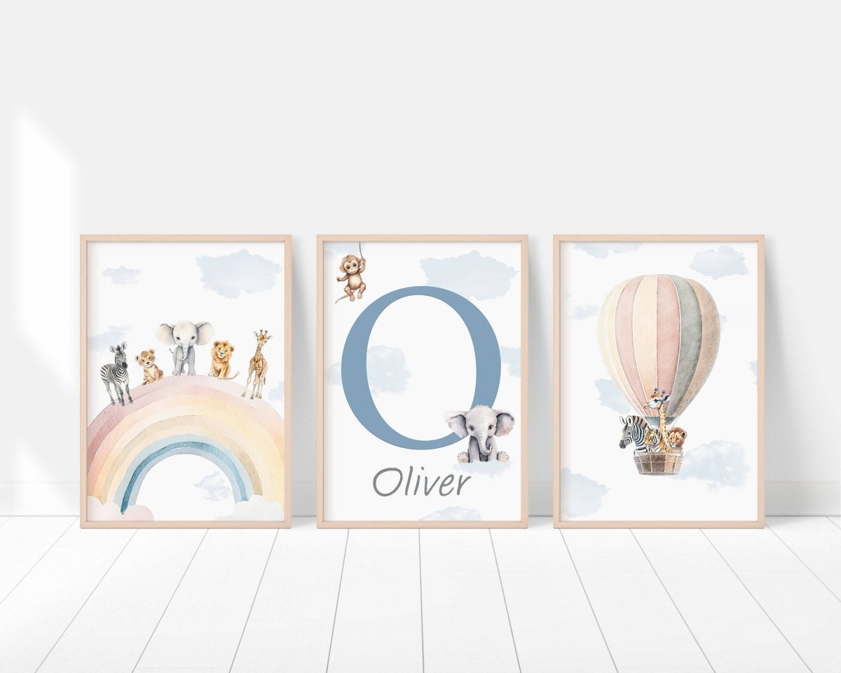 Personalised Safari Nursery Prints | Set of 3 | Rainbow & Hot Air Balloon Art for Girls' Bedroom - RoseRowanDesign - Wall Art