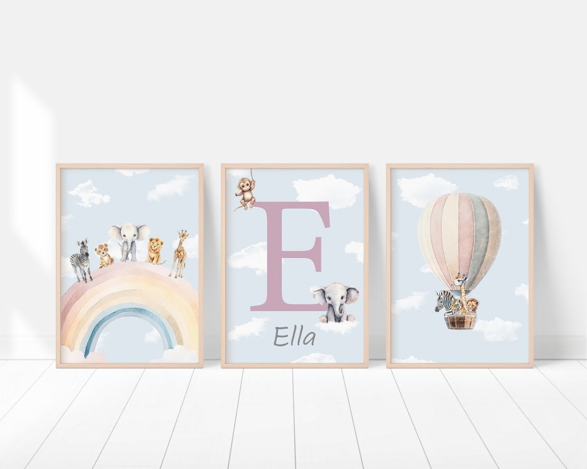 Personalised Safari Nursery Prints | Set of 3 | Rainbow & Hot Air Balloon Art for Girls' Bedroom - RoseRowanDesign - Wall Art