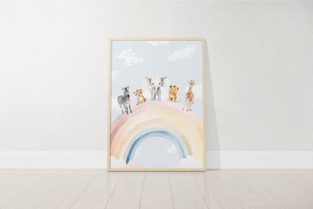 Personalised Safari Nursery Prints | Set of 3 | Rainbow & Hot Air Balloon Art for Girls' Bedroom - RoseRowanDesign - Wall Art