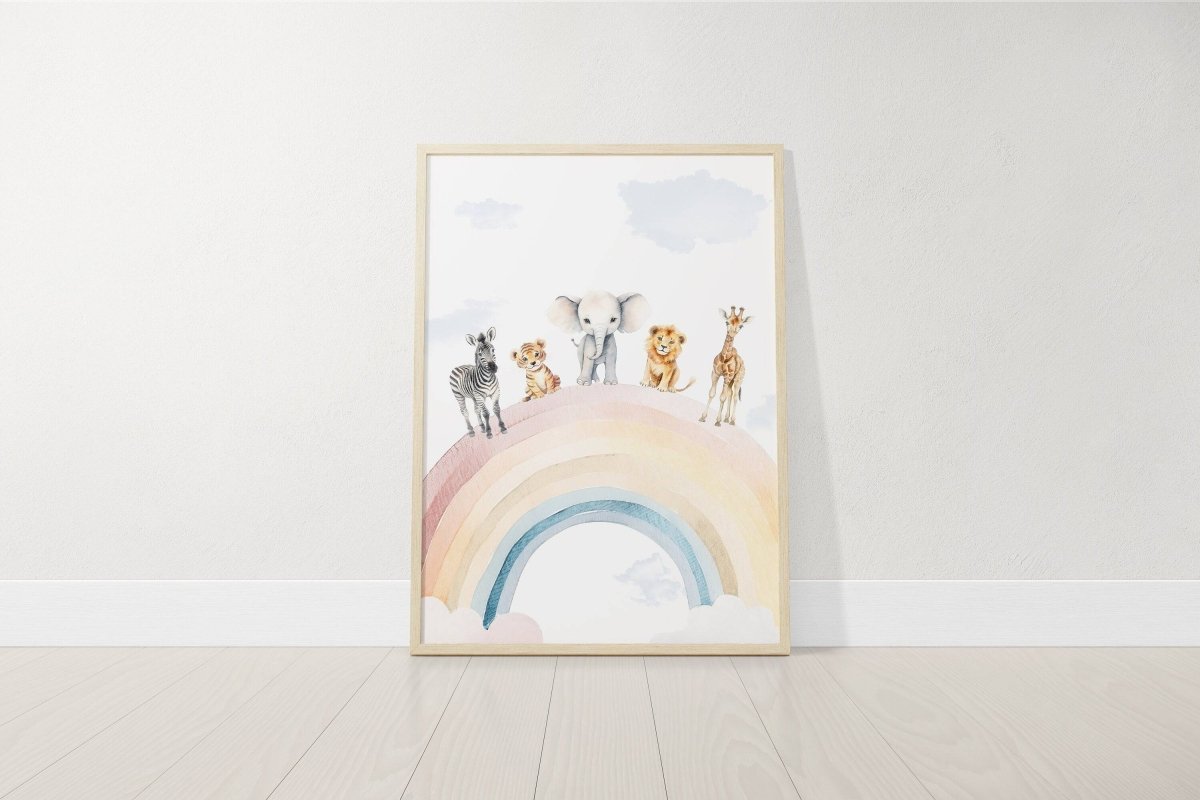 Personalised Safari Nursery Prints | Set of 3 | Rainbow & Hot Air Balloon Art for Girls' Bedroom - RoseRowanDesign - Wall Art