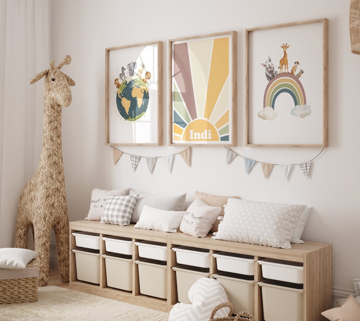Personalised Safari Set of 3 Wall Prints | Wall Art for Nursery, Bedroom or Playroom - RoseRowanDesign - Wall Art