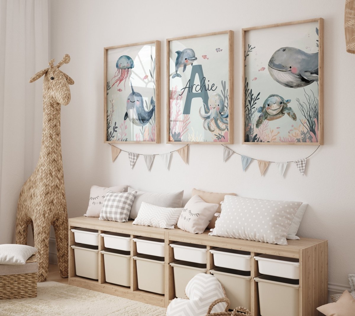 Personalised Sea Life | Set of 3 prints | Blue ocean themed boys room - RoseRowanDesign - Wall Art