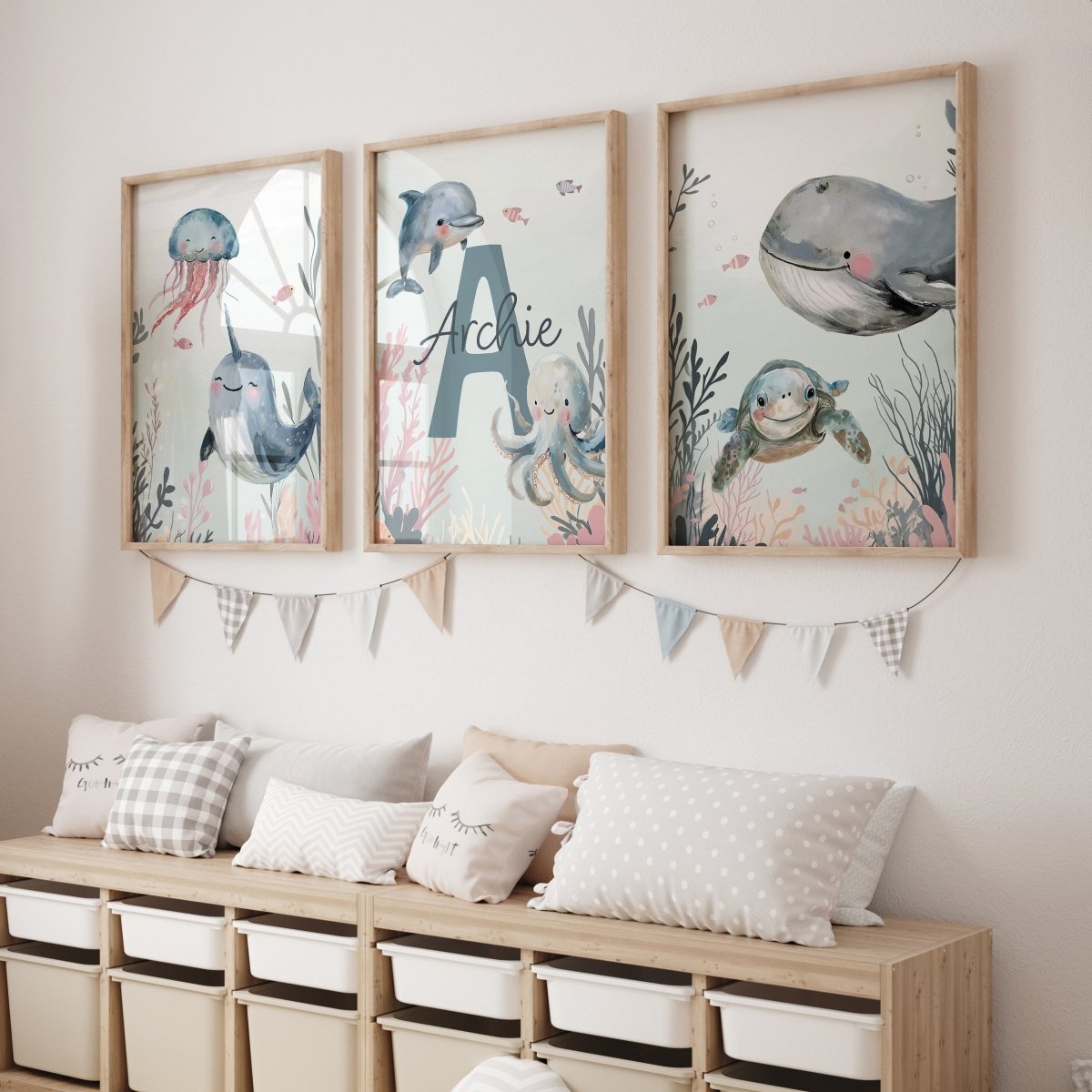 Personalised Sea Life | Set of 3 prints | Blue ocean themed boys room - RoseRowanDesign - Wall Art