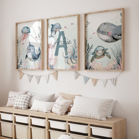 Personalised Sea Life | Set of 3 prints | Blue ocean themed boys room - RoseRowanDesign - Wall Art