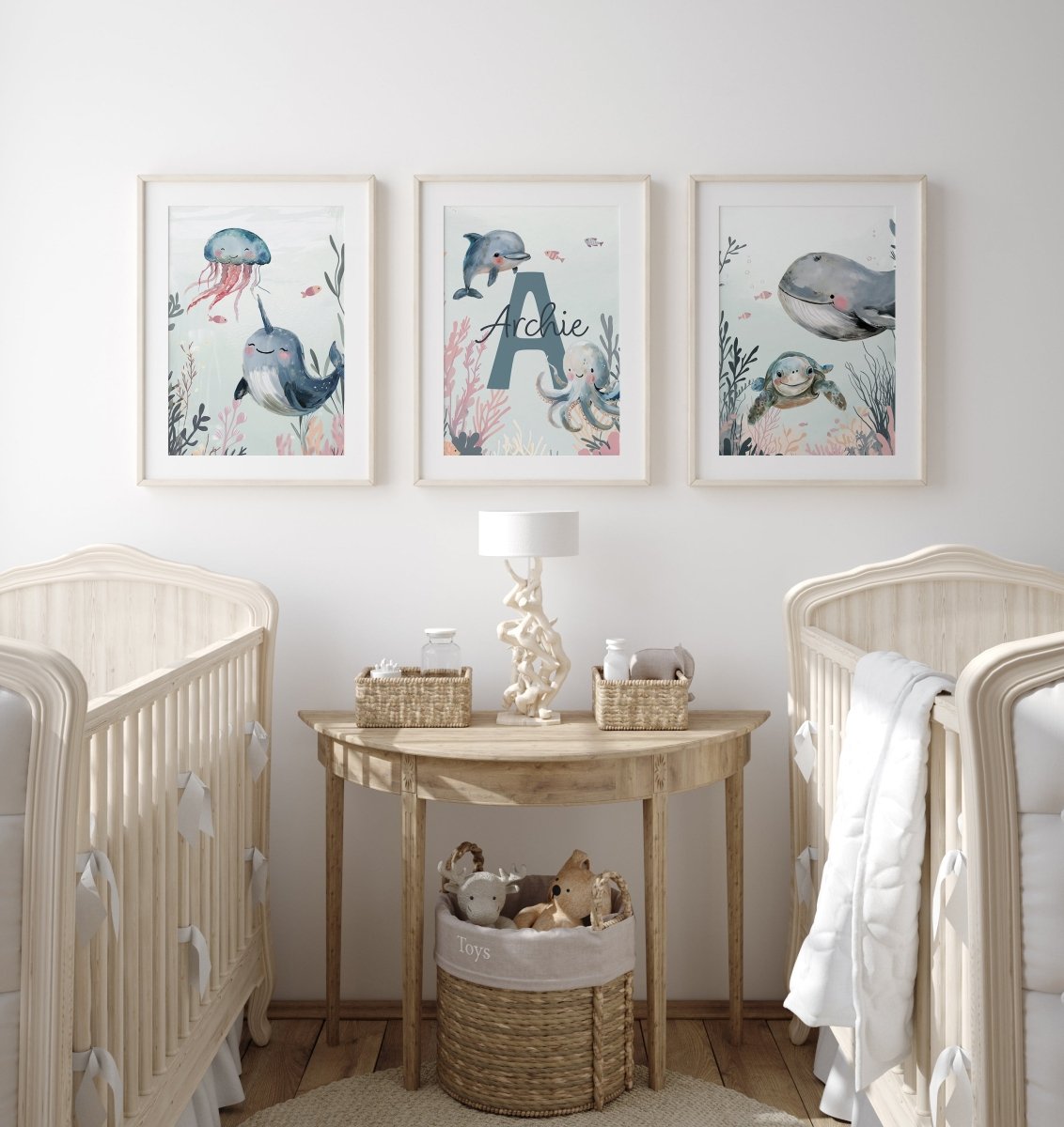 Personalised Sea Life | Set of 3 prints | Blue ocean themed boys room - RoseRowanDesign - Wall Art