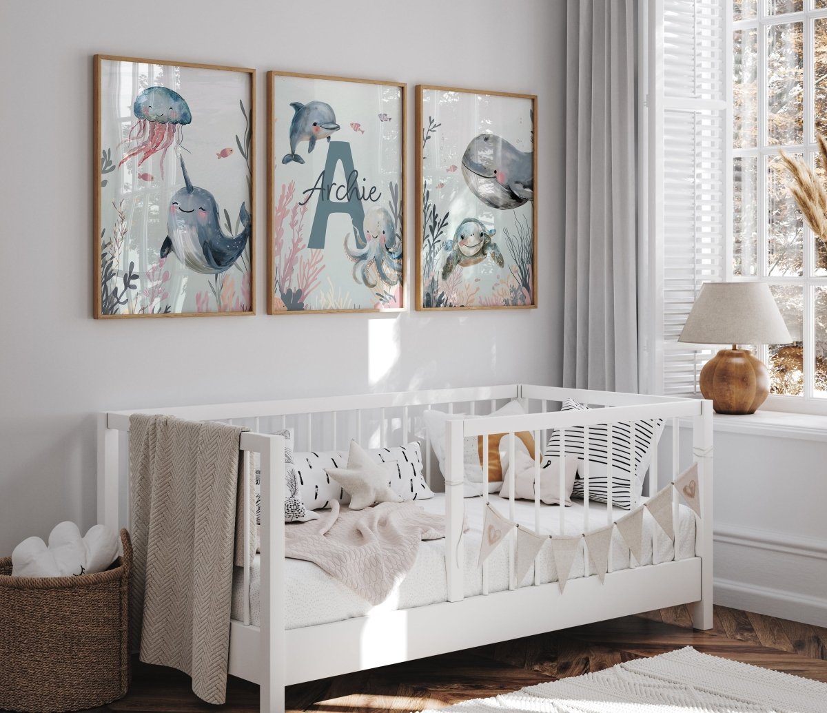 Personalised Sea Life | Set of 3 prints | Blue ocean themed boys room - RoseRowanDesign - Wall Art