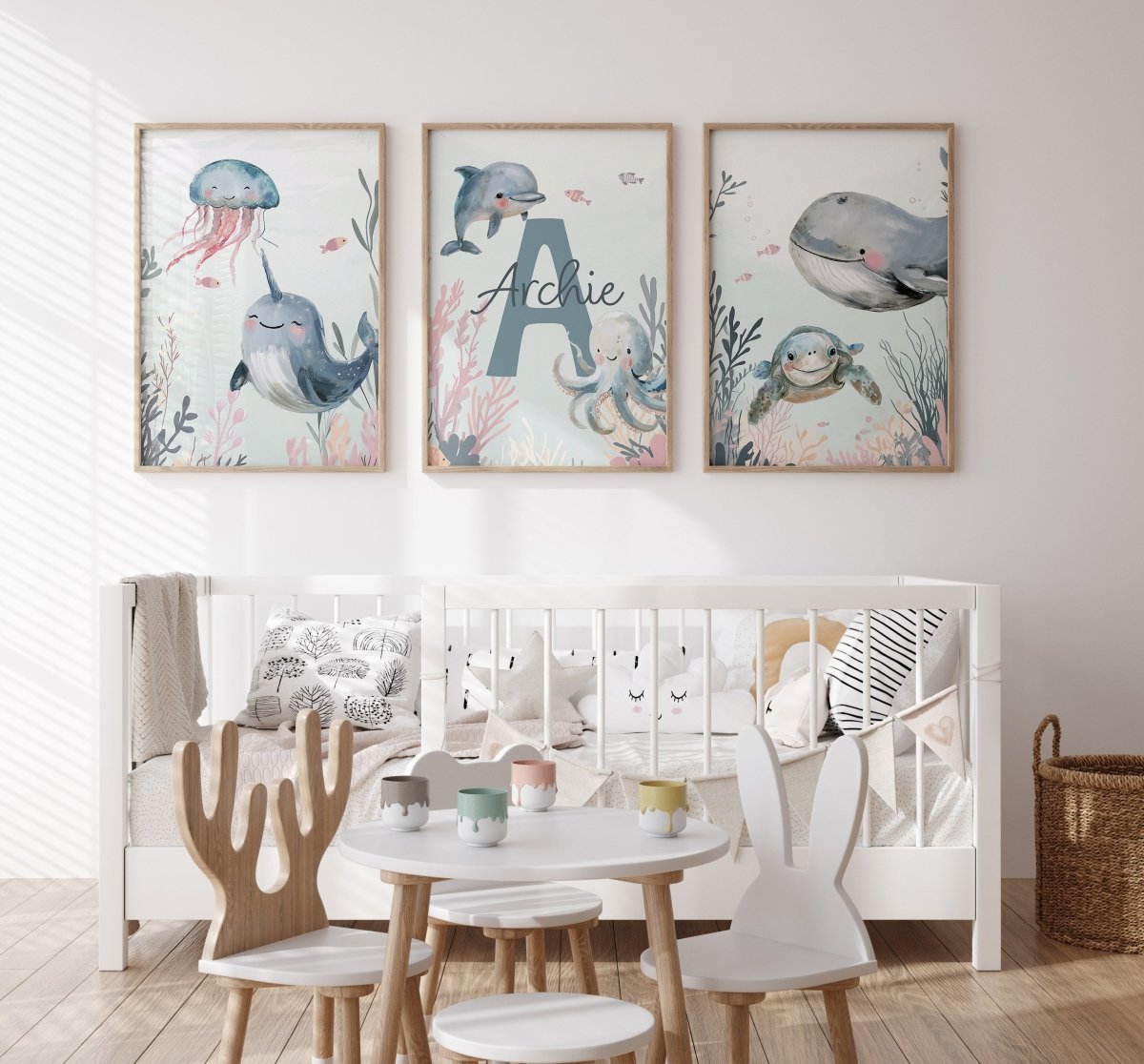 Personalised Sea Life | Set of 3 prints | Blue ocean themed boys room - RoseRowanDesign - Wall Art