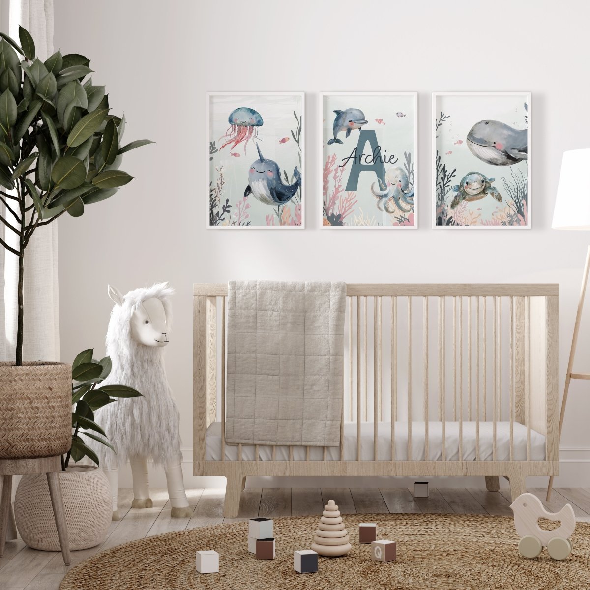 Personalised Sea Life | Set of 3 prints | Blue ocean themed boys room - RoseRowanDesign - Wall Art