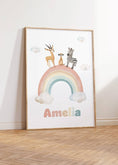 Load image into Gallery viewer, Personalised Set of 3 Safari Animal Prints for Nursery, Bedroom or Playroom, Gender Neutral Baby's Room, Hot Air Balloon, Boat & Rainbow - RoseRowanDesign -