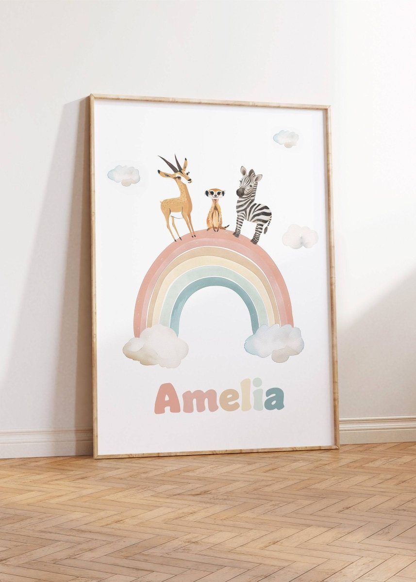 Personalised Set of 3 Safari Animal Prints for Nursery, Bedroom or Playroom, Gender Neutral Baby's Room, Hot Air Balloon, Boat & Rainbow - RoseRowanDesign -
