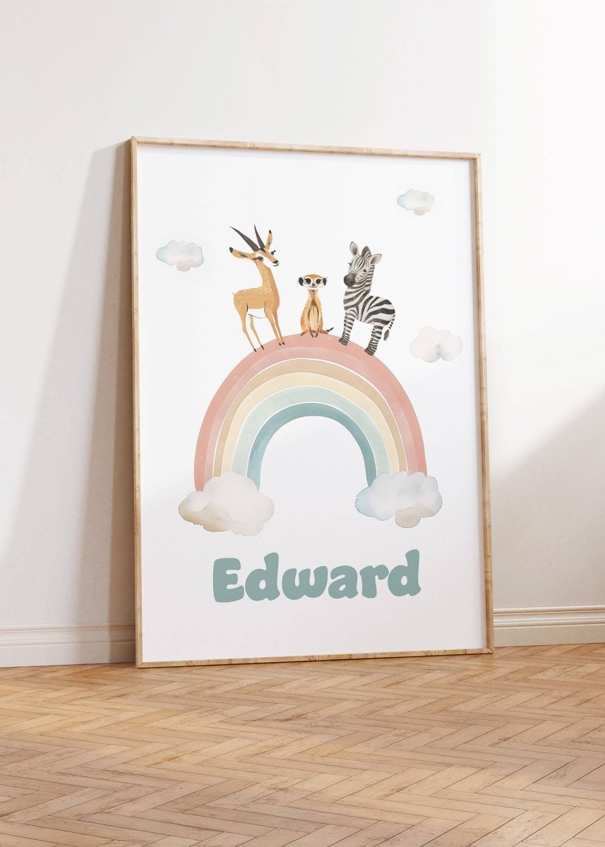 Personalised Set of 3 Safari Animal Prints for Nursery, Bedroom or Playroom, Gender Neutral Baby's Room, Hot Air Balloon, Boat & Rainbow - RoseRowanDesign -