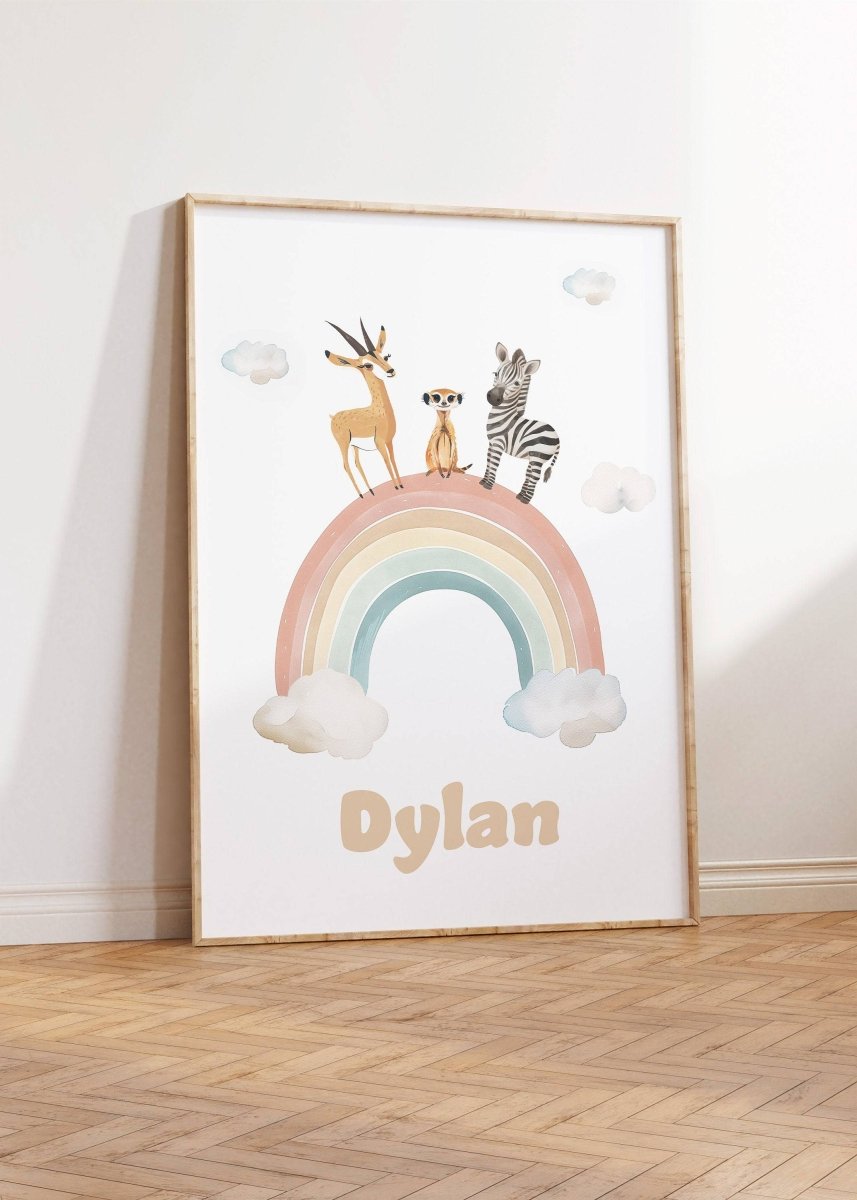 Personalised Set of 3 Safari Animal Prints for Nursery, Bedroom or Playroom, Gender Neutral Baby's Room, Hot Air Balloon, Boat & Rainbow - RoseRowanDesign -