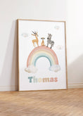 Load image into Gallery viewer, Personalised Set of 3 Safari Animal Prints for Nursery, Bedroom or Playroom, Gender Neutral Baby's Room, Hot Air Balloon, Boat & Rainbow - RoseRowanDesign -