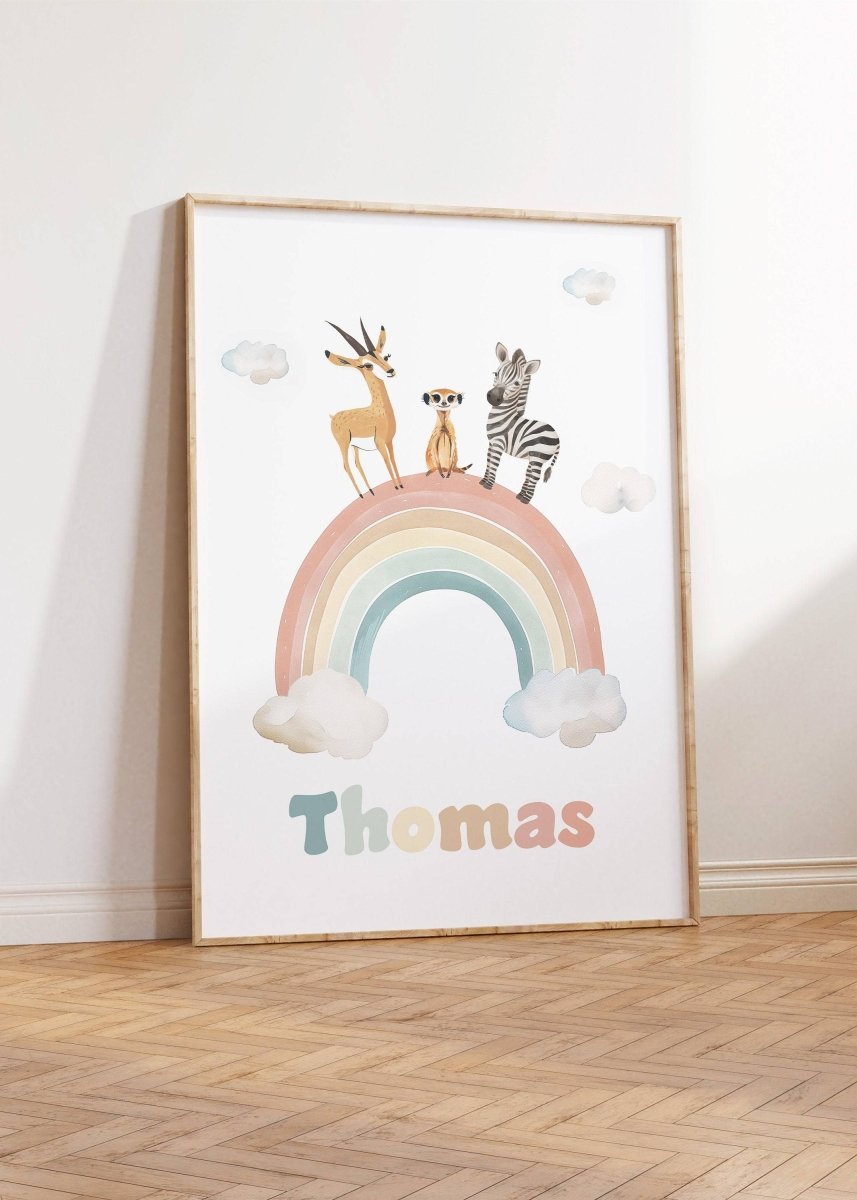 Personalised Set of 3 Safari Animal Prints for Nursery, Bedroom or Playroom, Gender Neutral Baby's Room, Hot Air Balloon, Boat & Rainbow - RoseRowanDesign -