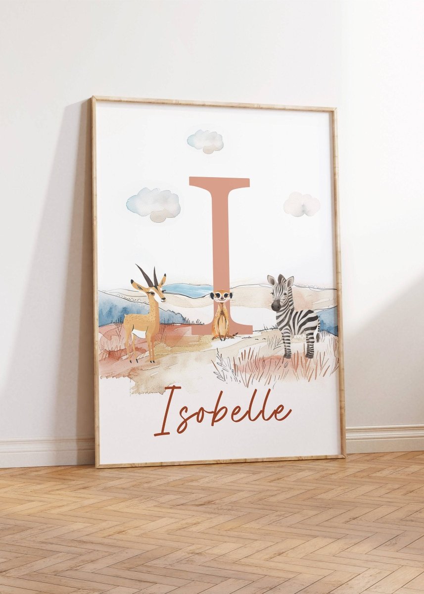 Personalised Set of 3 Safari Animal Prints for Nursery, Kids Bedroom or Playroom - Custom Initial for Baby's Room - Hot Air Balloon, Boat - RoseRowanDesign -