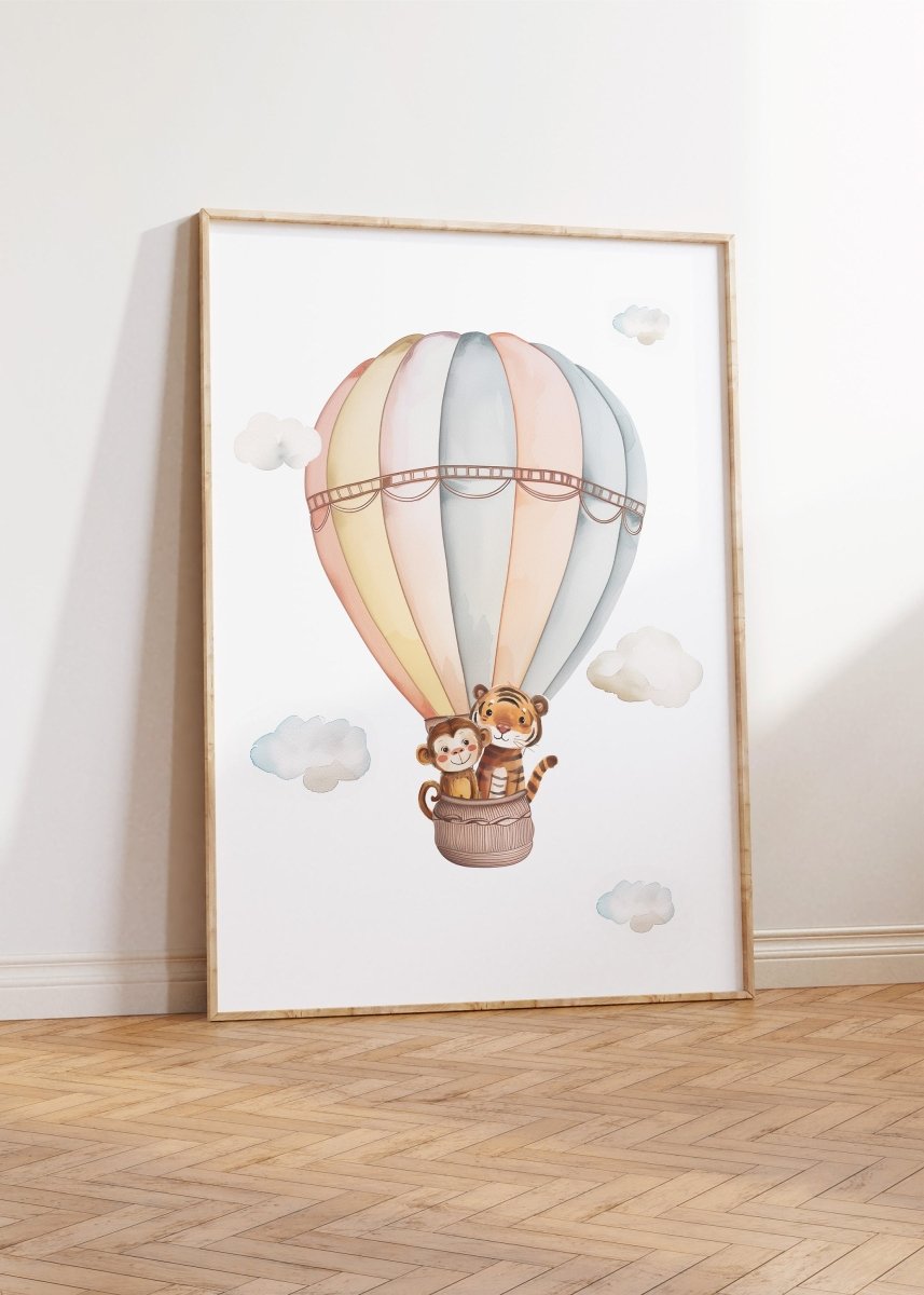 Personalised Set of 3 Safari Animal Prints for Nursery, Kids Bedroom or Playroom - Custom Initial for Baby's Room - Hot Air Balloon, Boat - RoseRowanDesign -