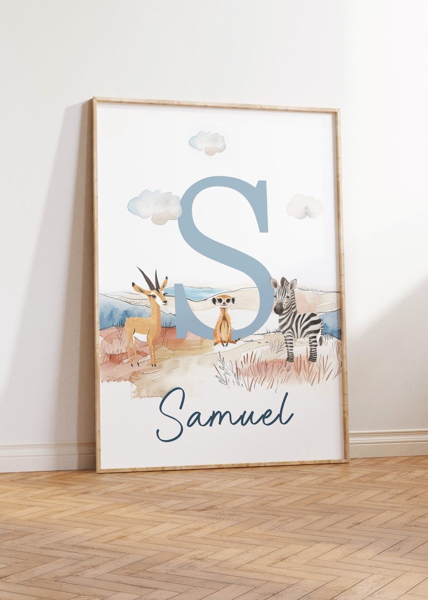 Personalised Set of 3 Safari Animal Prints for Nursery, Kids Bedroom or Playroom - Custom Initial for Baby's Room - Hot Air Balloon, Boat - RoseRowanDesign -