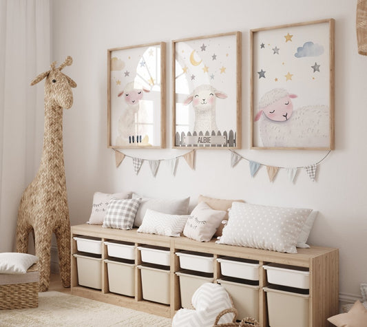 Personalised Sheep Moon & Stars Set of 3 Prints For Kids Room - RoseRowanDesign - Wall Art