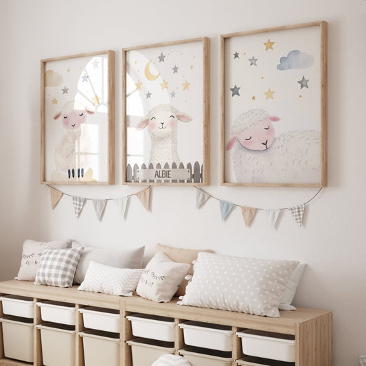 Personalised Sheep Moon & Stars Set of 3 Prints For Kids Room - RoseRowanDesign - Wall Art