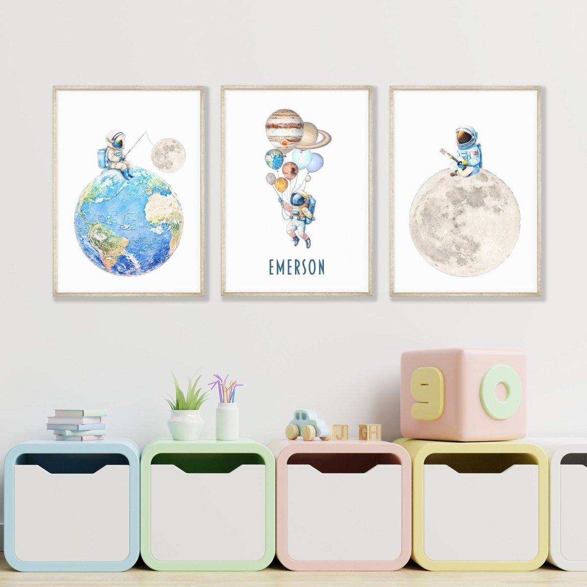Personalised Space Nursery Prints | Set of 3 Solar System Wall Art for Boys' Bedroom - RoseRowanDesign -