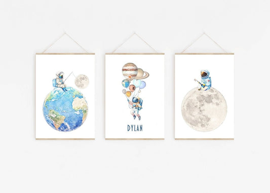 Personalised Space Nursery Prints | Set of 3 Solar System Wall Art for Boys' Bedroom - RoseRowanDesign -