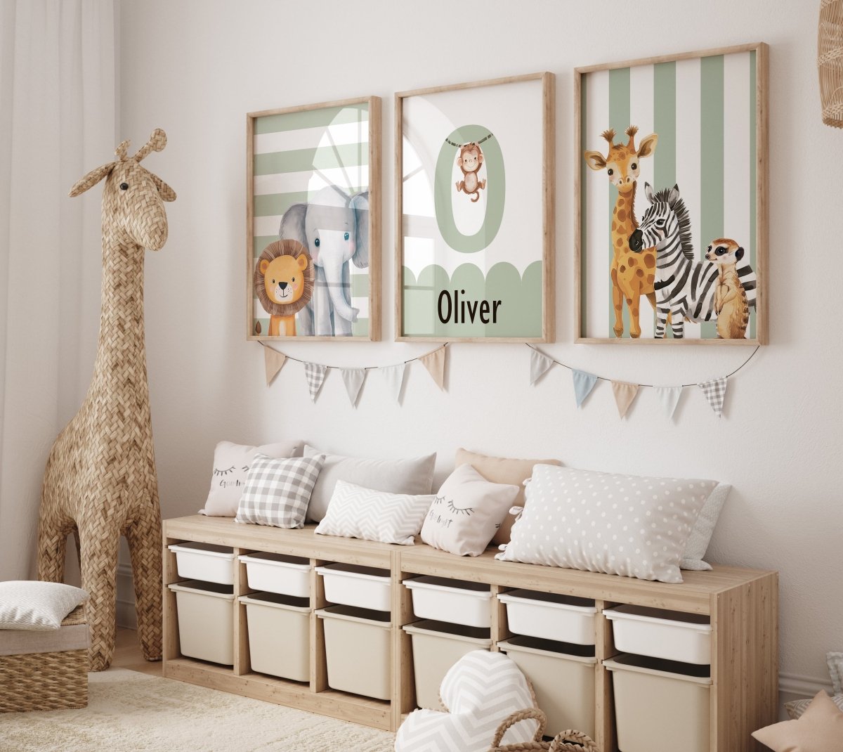 Personalised Striped Safari Set of 3 Wall Prints | Wall Art for Nursery, Bedroom or Playroom - RoseRowanDesign - Wall Art