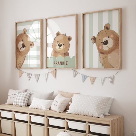 Personalised Strippy Bears | Set of 3 Prints | Choice of Colours | Nursery Wall Art - RoseRowanDesign - Wall Art