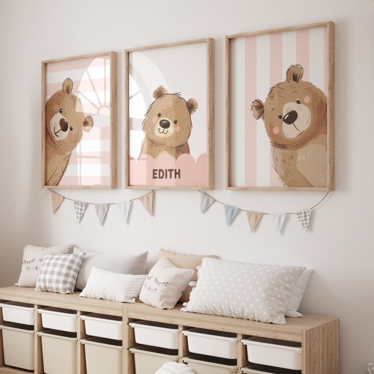 Personalised Strippy Bears | Set of 3 Prints | Choice of Colours | Nursery Wall Art - RoseRowanDesign - Wall Art