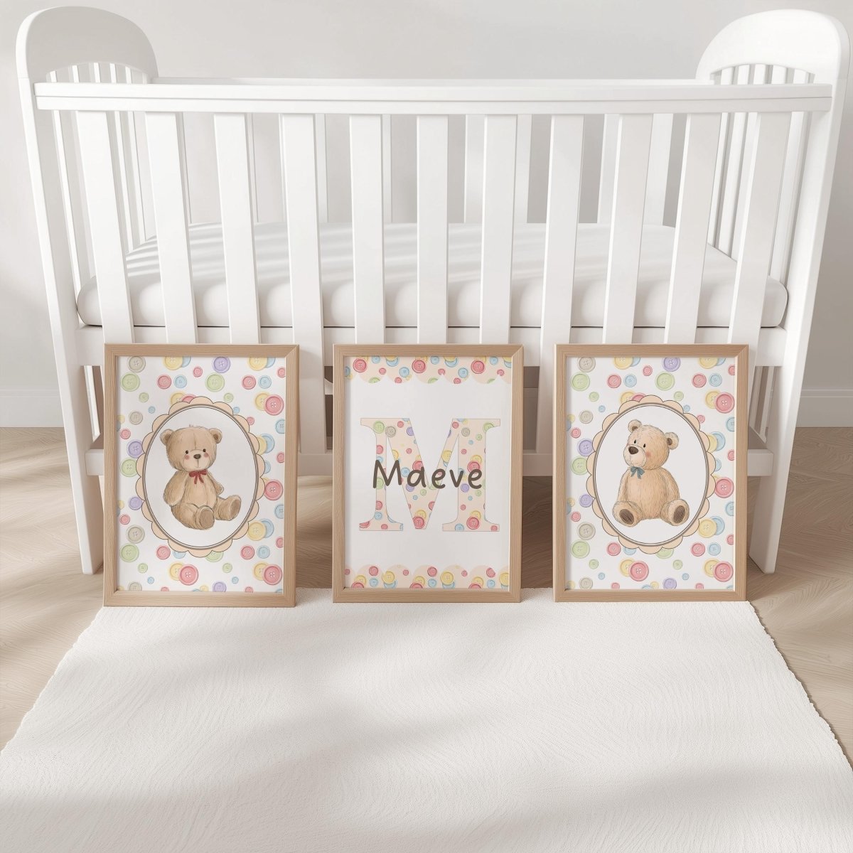 Personalised Teddy Bear Nursery Print Set - Custom Name Wall Art for Baby Room Decor - RoseRowanDesign -