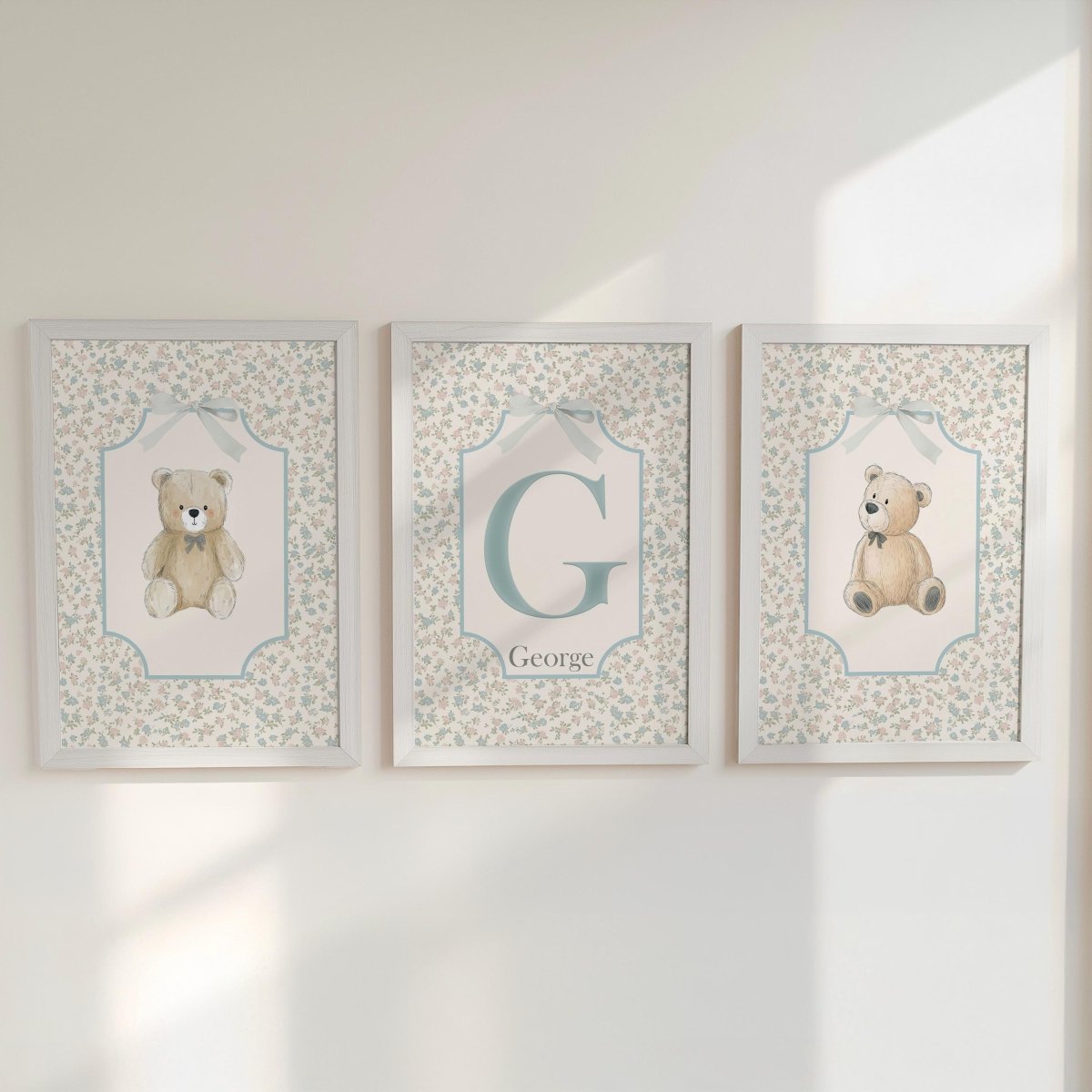Personalised Teddy Bear Nursery Prints – Blue Monogram Wall Art Set - RoseRowanDesign -