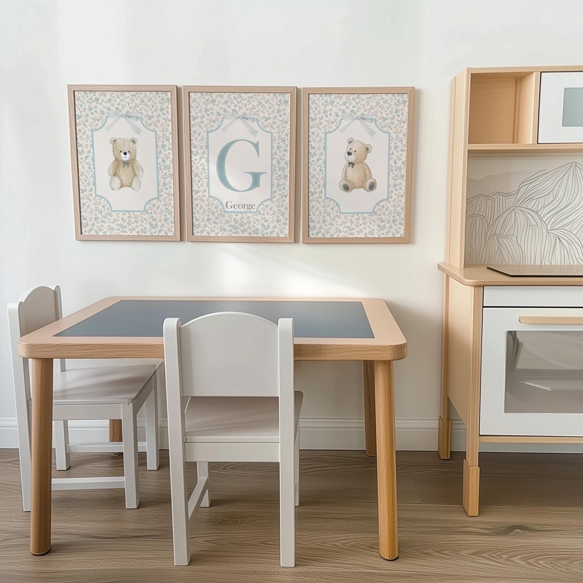 Personalised Teddy Bear Nursery Prints – Blue Monogram Wall Art Set - RoseRowanDesign -