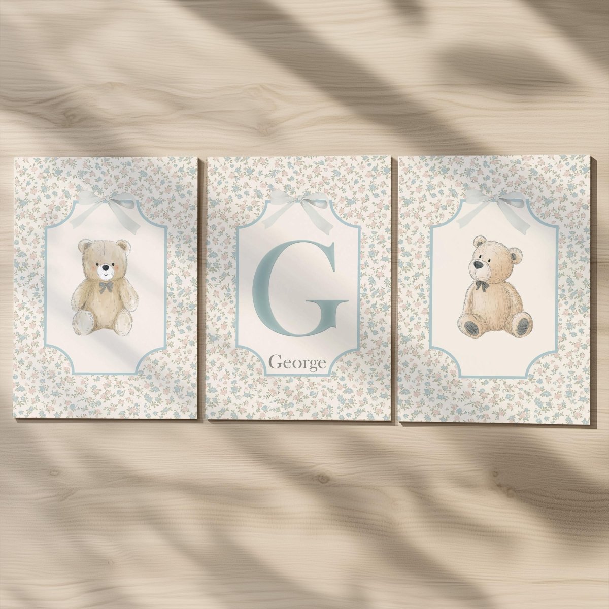 Personalised Teddy Bear Nursery Prints – Blue Monogram Wall Art Set - RoseRowanDesign -